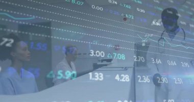 Hastanede çalışan tıbbi profesyonellerle ilgili borsa veri animasyonu. Finans, sağlık, analiz, yatırım, teknoloji