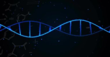Kimyasal formülün animasyonu ve siyah arka planda DNA ipliği. Bilim, teknoloji ve dijital arayüz kavramı dijital olarak oluşturulmuş video.