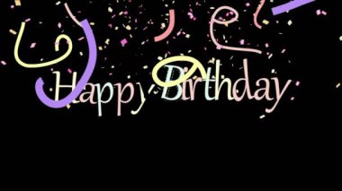 Siyah arka plana renkli konfetilerin düştüğü mutlu yıllar metin animasyonu. Kutlama, şenlik, parti, animasyon, selamlama, neşe