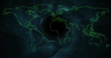 Dijital tünelin üzerindeki dünya haritasının animasyonu. Şekiller, teknoloji ve dijital arayüz konsepti dijital olarak oluşturulmuş video.