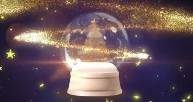 Yıldızların kayması üzerine kar küresi animasyonu. Noel, kutlama ve dijital arayüz kavramı dijital olarak oluşturulmuş video.