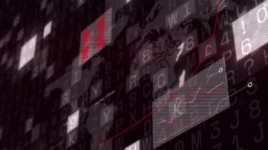 Dünya haritası üzerinde dijital veri işleme animasyonu. Dijital olarak oluşturulmuş küresel bağlantılar, hesaplama ve veri işleme kavramı.