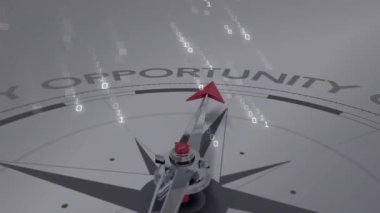 Pusula üzerinde beyaz arkaplanlı metinlerle veri işleme animasyonu. Yönler, hesaplama ve dijital arayüz kavramı dijital olarak oluşturulmuş video.