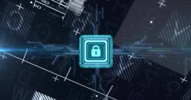 Siyah arkaplanda veri işleme üzerine asma kilit simgesinin canlandırılması. Küresel teknoloji, hesaplama, bağlantılar ve dijital arayüz konsepti dijital olarak oluşturulmuş video.