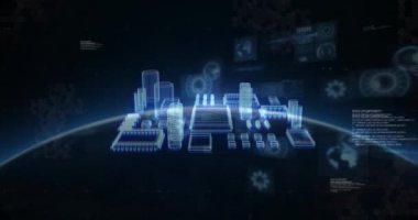 Siyah arka planda bilgisayar devre kartı ve veri işleme animasyonları. Küresel teknoloji, bağlantılar, hesaplama ve dijital arayüz kavramı dijital olarak oluşturulmuş video.