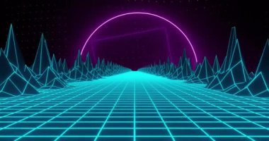 Canlandırılmış arka planda parlayan güneş ve dağların yer aldığı neon ızgara manzarası. Retro, futuristik, 80 'ler, siberpunk, synthwave, digital