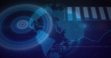 Diyagramlar ve dünya üzerindeki taramaların animasyonu. Sosyal medya, teknoloji ve dijital arayüz kavramı dijital olarak oluşturulmuş video.