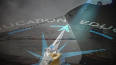 Tersanenin üzerindeki pusula metninin canlandırması. Küresel eğitim, gemicilik, bağlantılar, hesaplama ve veri işleme kavramı dijital olarak oluşturulmuş video.