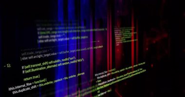 Bilgisayar sunucuları üzerinde dijital veri işleme animasyonu. Dijital olarak oluşturulmuş küresel bağlantılar, hesaplama ve veri işleme kavramı.