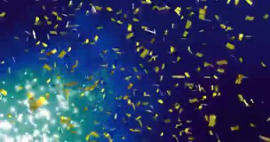 Altın konfeti, mavi ve yeşil arka plan üzerine düşen animasyon. Kutlama, şenlik, ışıltı, parıltı, parıltı, parti