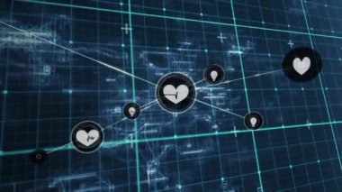 Ağ bağlantıları ve veriler dijital dünya haritası üzerinde animasyonu gösteriyor. Genel, bağlantı, teknoloji, iletişim, ağ, siber