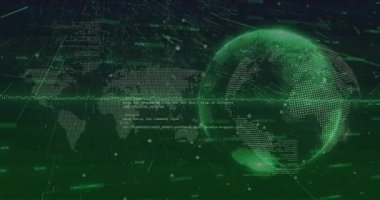 Veri işleme üzerine dünya haritasının animasyonu. Teknoloji, iş ve dijital arayüz kavramı dijital olarak oluşturulmuş video.