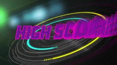 Hareketli neon şekiller üzerine yüksek skorlu metin animasyonu. Sosyal medya ve dijital arayüz konsepti dijital olarak oluşturulmuş video.