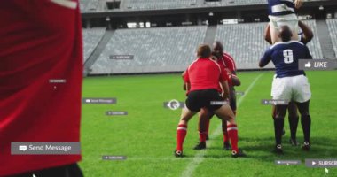 Stadyumdaki ragbi oyuncuları için sosyal medya bilgilendirmeleri. Spor, takım, rekabet, dijital