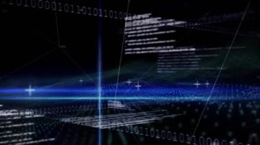 Siyah arkaplanda ikili kodlama ve dijital veri işleme animasyonu. Dijital olarak oluşturulmuş küresel bağlantılar, hesaplama ve veri işleme kavramı.