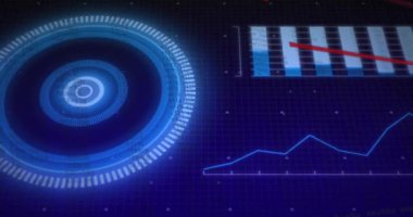 Siyah arkaplan üzerinden tarama ve veri işleme animasyonu. Küresel finans, iş, bağlantılar, hesaplama ve veri işleme kavramı dijital olarak oluşturulmuş video.