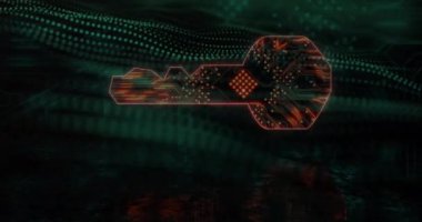 Siyah arkaplandaki noktaların üzerinde bilgisayar devresi olan anahtar simgesi canlandırması. Küresel teknoloji, çevrimiçi güvenlik, bilgisayar ve dijital arayüz kavramı dijital olarak oluşturulmuş video.