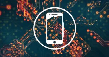 Siyah arkaplanda akıllı telefon simgesi ve veri işleme sisteminin animasyonu. Dijital olarak oluşturulmuş küresel bağlantılar, hesaplama ve veri işleme kavramı.
