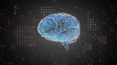 Karanlık arka planda beynin üzerinde dijital veri işleme animasyonu. Dijital olarak oluşturulmuş küresel bağlantılar, hesaplama ve veri işleme kavramı.