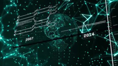 Siyah arkaplan üzerinde veri işleme ağı ve dünya üzerindeki bağlantıların animasyonu. Küresel teknoloji, hesaplama, bağlantılar ve dijital arayüz konsepti dijital olarak oluşturulmuş video.