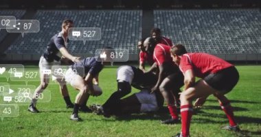 Stadyumdaki rugby oyuncularının sosyal medya etkileşimi animasyonları. Spor.