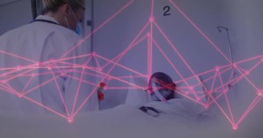 Hastanedeki hastalarla ilgilenen tıbbi personel üzerinden ağ bağlantılarının animasyonu. Sağlık, teknoloji, ağ, destek, takım çalışması, yenilik