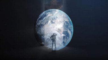 Dünya üzerinde insan siluetinin animasyonu. Dijital olarak oluşturulmuş küresel bağlantılar, hesaplama ve veri işleme kavramı.