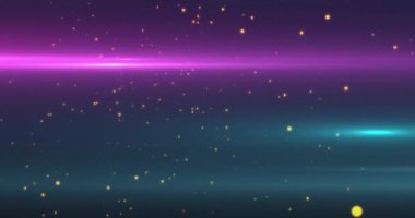 Siyah arkaplanda sarı noktaların ve mor ışık izlerinin animasyonu. Şekiller, teknoloji ve dijital arayüz konsepti dijital olarak oluşturulmuş video.