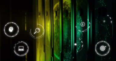 Bilgisayar sunucuları üzerinden ikonlar ve veri işleme ile bağlantı ağının animasyonu. Dijital olarak oluşturulmuş küresel bağlantılar, hesaplama ve veri işleme kavramı.