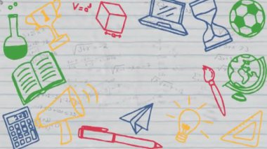Matematiksel denklemler üzerine okul öğelerinin canlandırılması beyaz arka planda. Küresel bilim, eğitim ve dijital arayüz kavramı dijital olarak oluşturulmuş video.