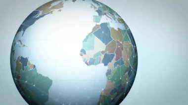 Dünya üzerindeki simgelerle bağlantı ağının animasyonu. Dijital olarak oluşturulmuş küresel bağlantılar, hesaplama ve veri işleme kavramı.