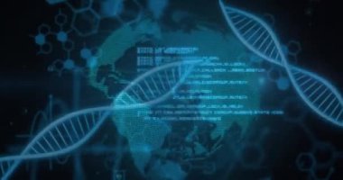 Dünya üzerinde bilimsel veri işleme animasyonu ve karanlık arka planda DNA iplikçikleri. Küresel bilim, bağlantılar, hesaplama ve veri işleme kavramı dijital olarak oluşturulmuş video.