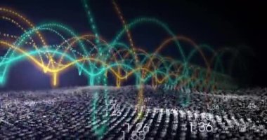 Sayısal veri manzarası üzerinde canlı bir görüntüyle renkli veri dalgalarını canlandırmak. Teknoloji, animasyon, fütüristik, görselleştirme, dijital, sayılar