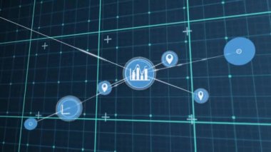 Mavi ızgara arkaplan üzerinde bağlantılar ve veri işleme animasyonu ağı. Teknoloji, dijital