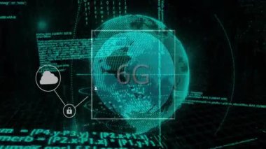 Dünya üzerindeki ikonlar ve dijital veri işleme ile bağlantıların animasyonu. Dijital olarak oluşturulmuş küresel bağlantılar, hesaplama ve veri işleme kavramı.