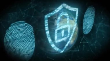 Dünya üzerindeki asma kilit ve parmak izleriyle bağlantılı ağ animasyonları. İş, teknoloji ve dijital arayüz kavramı dijital olarak oluşturuldu.