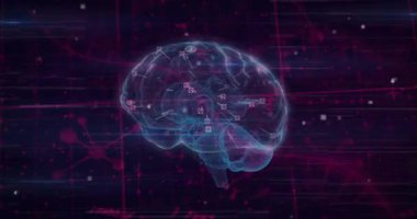 DNA ipliği ve beyin üzerinde veri işleme animasyonu. Bilim, teknoloji ve dijital arayüz kavramı dijital olarak oluşturulmuş video.