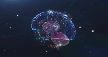 Dijital beyin üzerinde dönen kırmızı ve beyaz noktalar. İş, teknoloji ve dijital arayüz kavramı dijital olarak oluşturuldu.