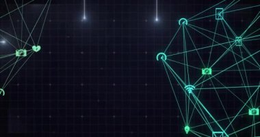 Işık noktalarının üzerindeki simgelerle bağlantı ağının animasyonu. Sosyal medya, teknoloji ve dijital arayüz kavramı dijital olarak oluşturulmuş video.