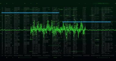 Siyah arkaplanda veri işleme animasyonu. Küresel teknoloji, bilgisayar ve dijital arayüz kavramı dijital olarak oluşturulmuş video.