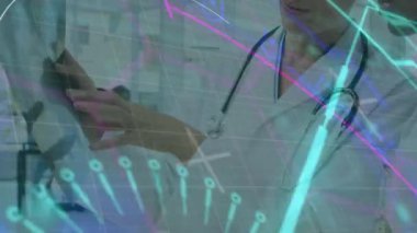 Doktorlar hasta verilerini tartışıyor. Dijital sağlık veri animasyonlu tıp uzmanları. Sağlık, teknoloji, analiz.