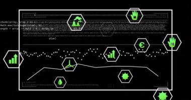 Siyah arkaplanda veri işleme üzerine ekoloji simgelerinin animasyonu. Küresel ekoloji, bilgisayar ve dijital arayüz kavramı dijital olarak oluşturulmuş video.