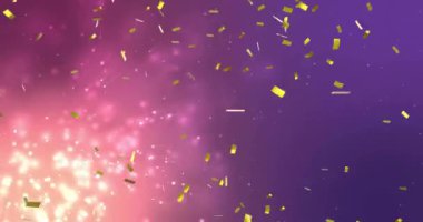 Mor ve pembe kozmik arkaplan üzerine düşen altın konfetileri. Kutlama, şenlik, parti, canlı, ışıltılı, renkli
