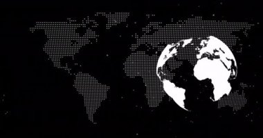 Dünya haritasında dönen dünyanın animasyonu. Teknoloji ve dijital arayüz kavramı dijital olarak oluşturuldu.