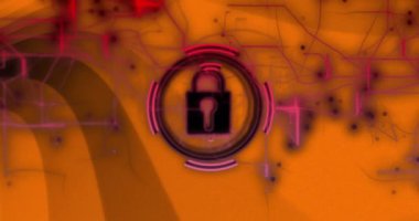 Soyut dijital güvenlik animasyonunun üzerine neon çizgili ikonu kilitle. Siber güvenlik, şifreleme, koruma, güvenlik, teknoloji, fütürist kavram