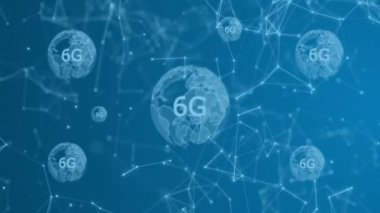 6G metin, bağlantılar ağı ve mavi arkaplan üzerinde veri işleme animasyonu. Dijital olarak oluşturulmuş küresel bağlantılar, hesaplama ve veri işleme kavramı.