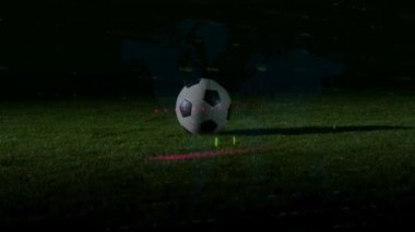 Beyaz erkek futbolcunun topa vurması üzerine finansal veri işleme animasyonu. Dijital olarak oluşturulmuş küresel finansman, spor, bilgisayar ve dijital arayüz kavramı.