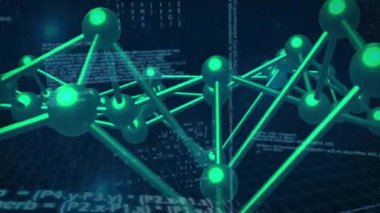 DNA ipliği üzerinde dijital veri işleme animasyonu. Dijital olarak oluşturulmuş küresel bağlantılar, hesaplama ve veri işleme kavramı.