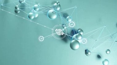 Mavi arkaplandaki simgelerle bağlantı ağının canlandırılması. Küresel teknoloji, hesaplama, bağlantılar ve dijital arayüz konsepti dijital olarak oluşturulmuş video.