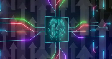 Biyometrik beynin animasyonu, devre kartından dijital veri işleme. Küresel yapay zeka, siber güvenlik, bağlantılar, hesaplama ve veri işleme kavramı dijital olarak oluşturulmuş video.